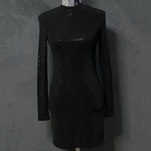 Elodie Dress Womens S Black Sequin Mock Neck Long Sleeve Bodycon LBD Party